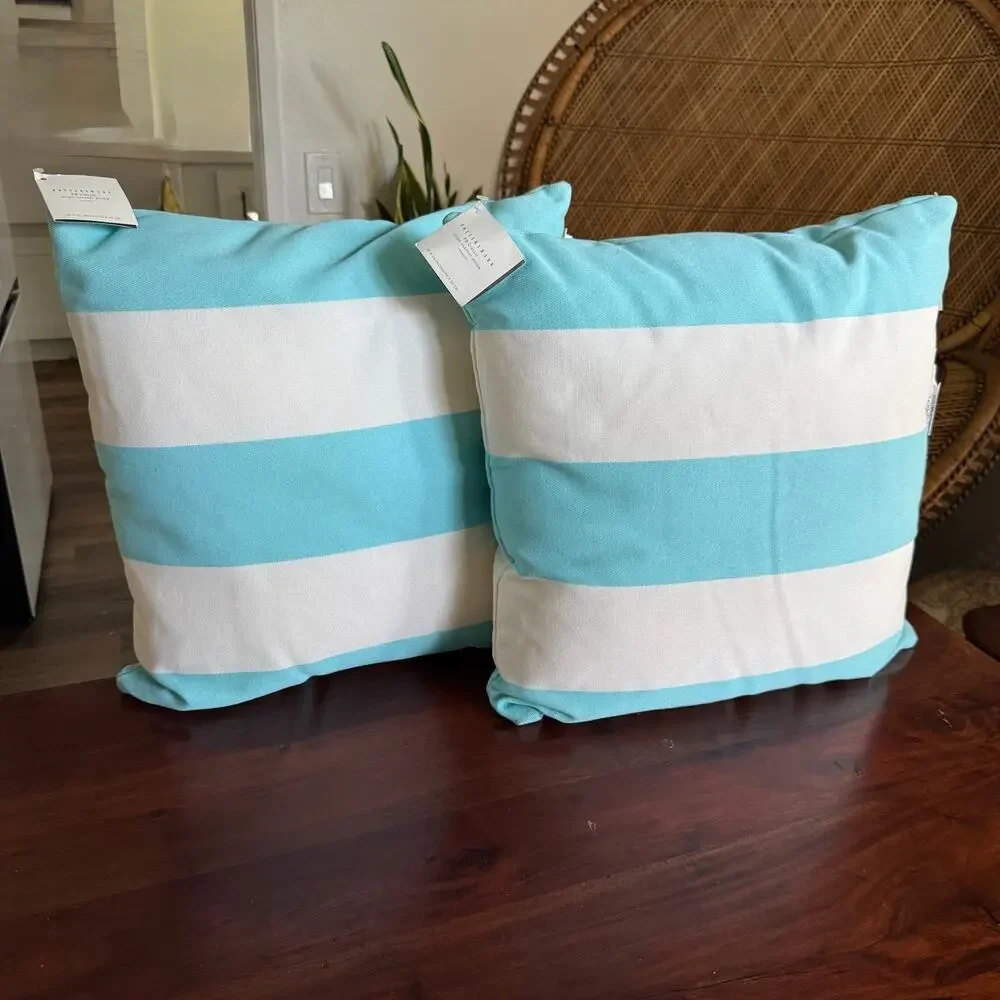 New Pottery Barn Classic turquoise striped pillows  20 in set of 2